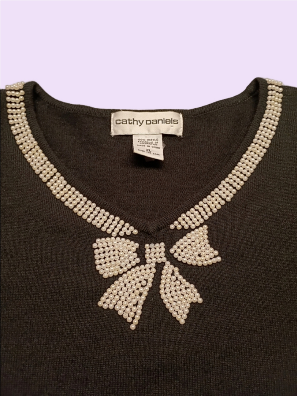 90's Sweetheart Black Sweater with Rhinestone Bow Detail Along Neckline - Picture 2 of 7